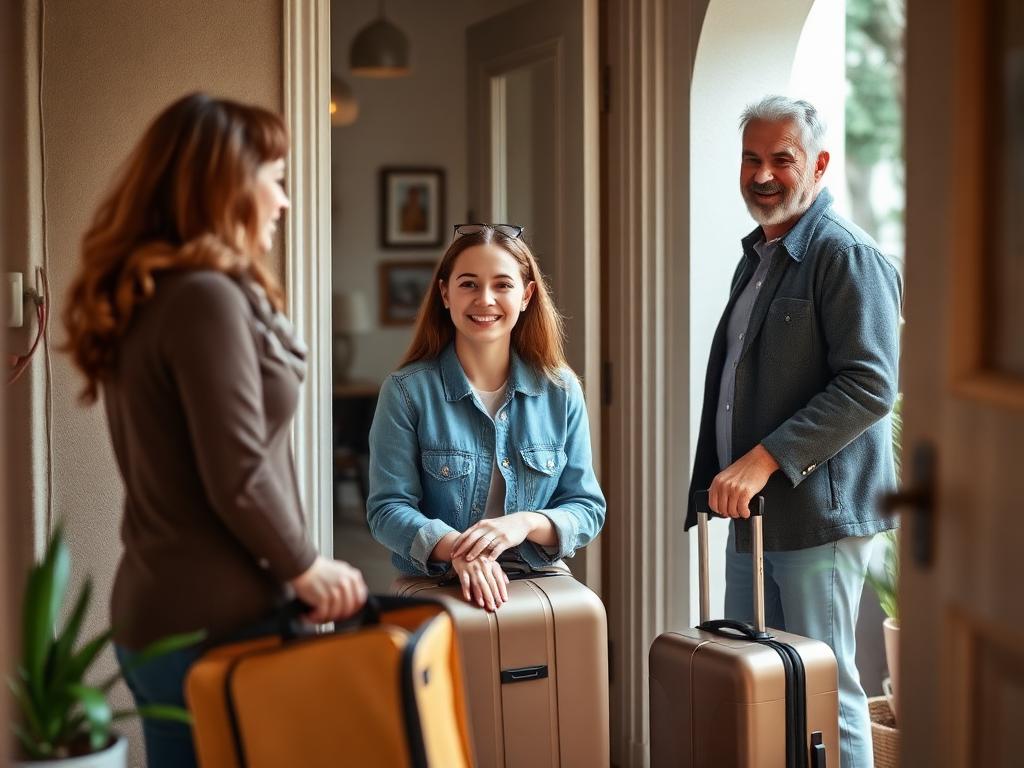 Host family warmly welcoming an exchange student at the front door
