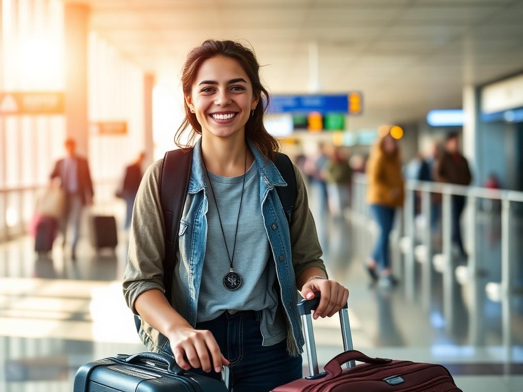 Smiling student arriving at the airport with their luggage