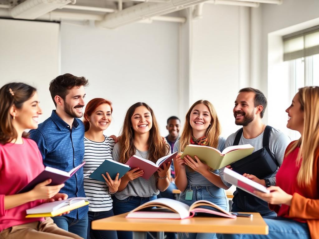 Happy international students learning together in a bright classroom
