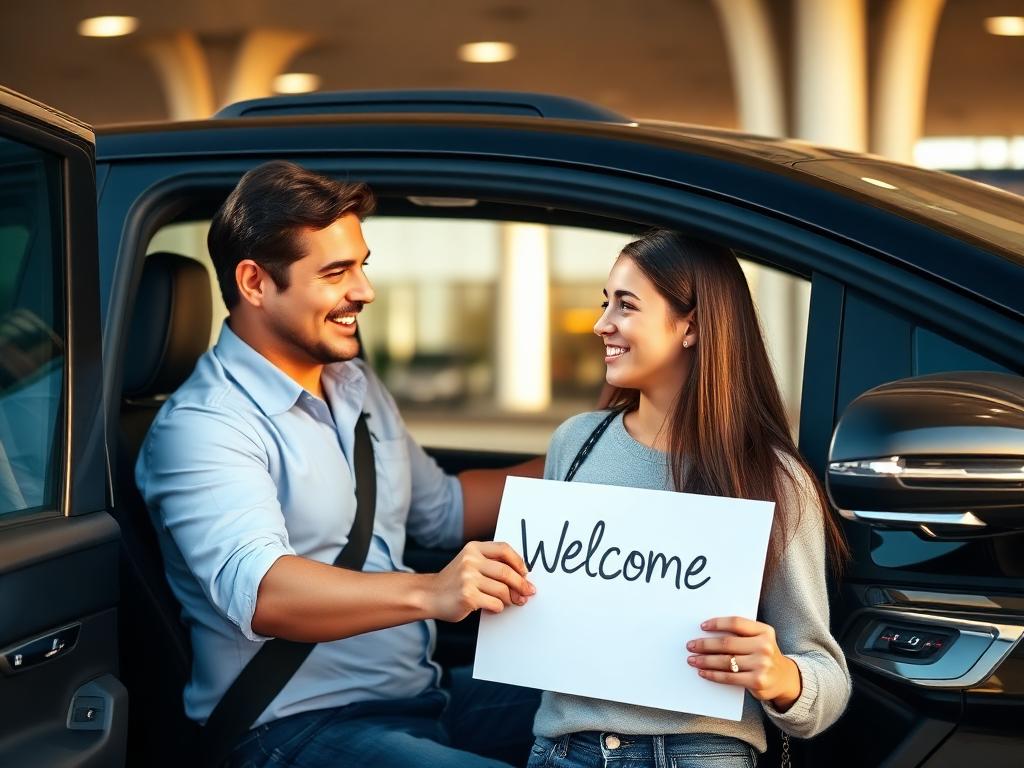 Friendly driver welcoming a student outside the airport